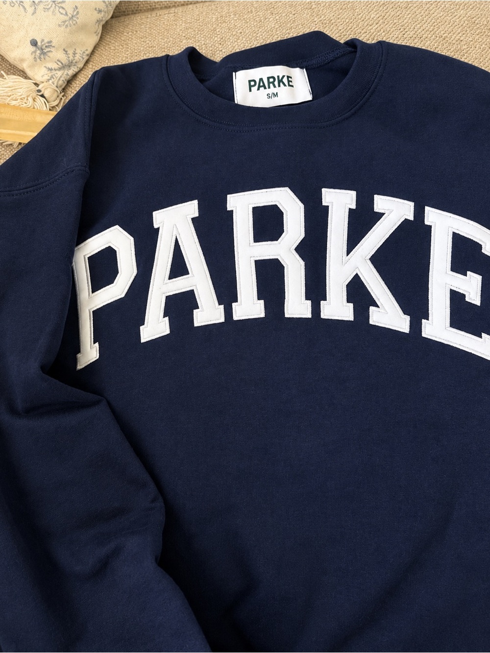 PARKE Navy Crewneck Sweater with White Lettering New Without Tags, Never Worn